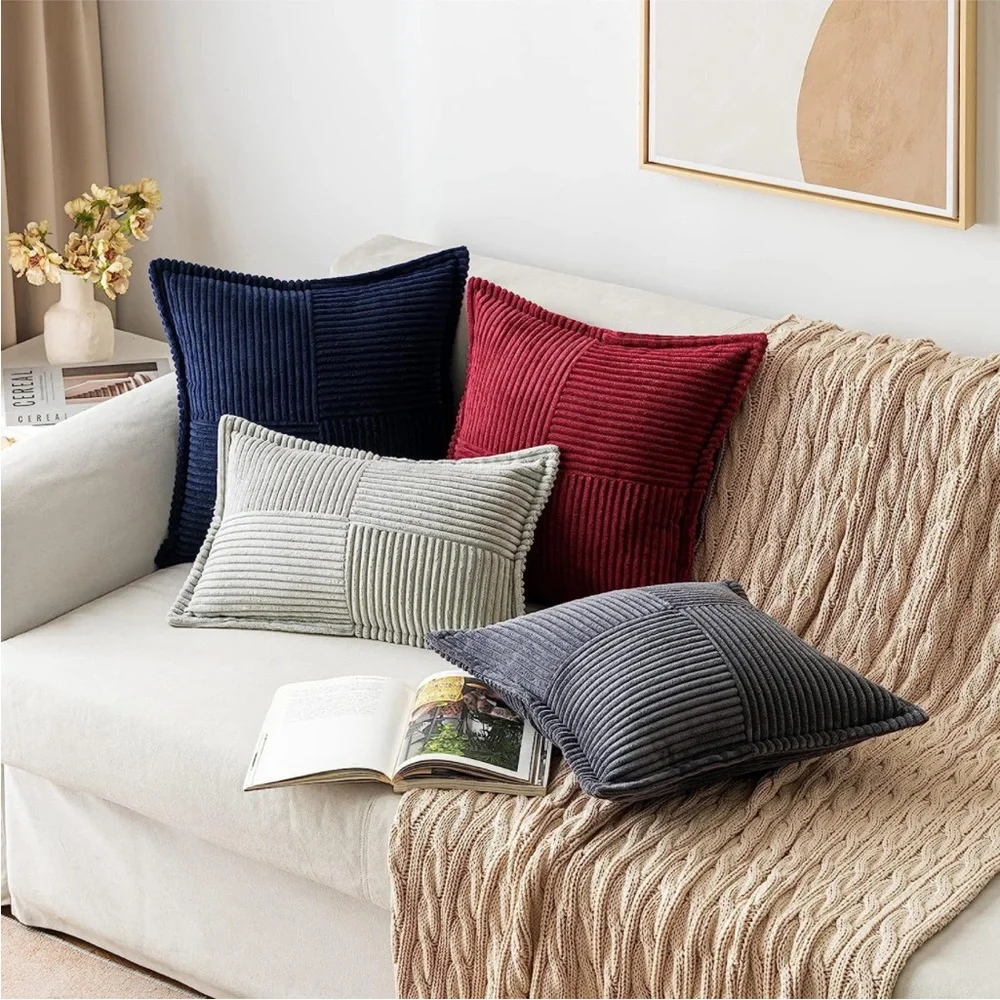 Navy Blue Nautical Corduroy Decorative Farmhouse Luxury Soft Pillow Cover Set